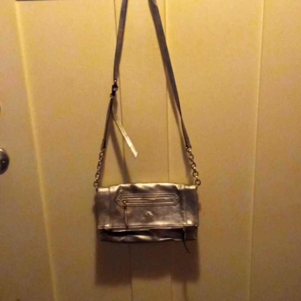 Simply Vera, Vera Wang Silver Flap Top clutch crossbody with chain.